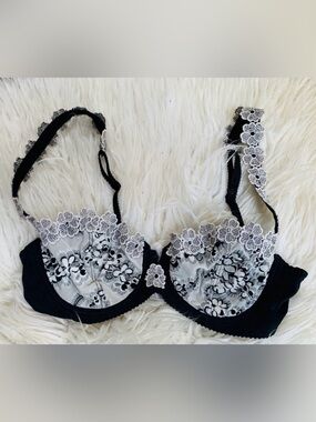 Aubade Paris Underwire Cup Bra Floral Lace Black White Size 32C